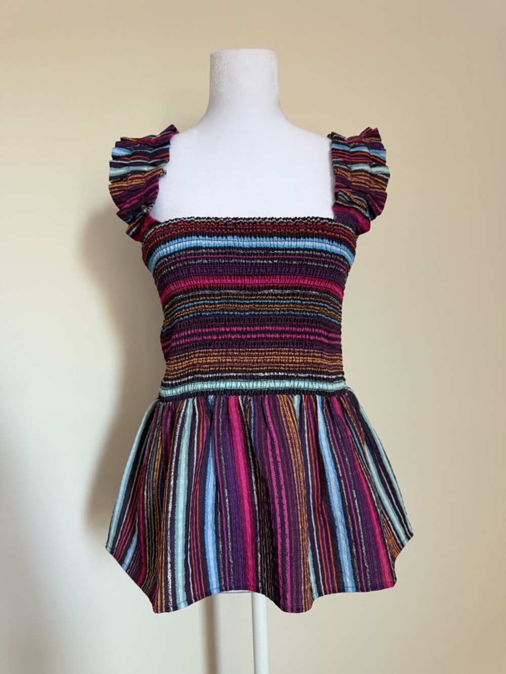 THML Multistripe Smocked Ruffle Strap Peplum Tank Top size small EUC